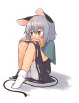 1girl absurdres animal_ears bloomers blue_capelet blush capelet commentary_request full_body greenpiecerice grey_hair grey_skirt grey_vest hair_between_eyes highres looking_to_the_side medium_bangs mouse_ears mouse_girl mouse_tail nazrin no_shoes red_eyes shirt short_hair simple_background sitting skirt skirt_set socks solo tail touhou vest white_background white_bloomers white_shirt white_socks 