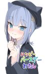  1girl :3 absurdres beret black_shirt blue_eyes blue_hair closed_mouth dot_nose hat highres indie_virtual_youtuber kanzarin kanzarin_(vtuber) long_sleeves looking_at_viewer medium_hair shirt simple_background smile solo sweat white_background white_shirt 