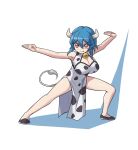  1girl animal_print bell black_footwear blue_hair breasts chinese_clothes cleavage cleavage_cutout closed_mouth clothing_cutout commentary_request cow_girl cow_horns cow_print cow_tail dress fang fighting_stance flats full_body highres horns jashin-chan_dropkick large_breasts legs_apart looking_at_viewer minos_(jashin-chan_dropkick) neck_bell no_socks red_eyes shadow shadow_(modeler3622) short_hair simple_background sleeveless sleeveless_dress smile solo tail v-shaped_eyebrows white_background white_dress white_tail 