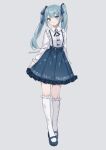  1girl artist_name blue_bow blue_eyes blue_hair blue_skirt bow floral_print grey_background hair_ornament hatsune_miku highres long_sleeves looking_at_viewer musical_note musical_note_print noneon319 shirt skirt smile socks solo vocaloid white_shirt white_socks 