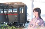  1girl black_hair blunt_bangs commentary_request daito japanese_clothes kimono long_hair long_sleeves outdoors pink_kimono power_lines railroad_tracks reflection saimori_miyo solo train utility_pole watashi_no_shiawase_na_kekkon wide_sleeves 