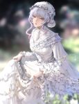  1girl artist_name ascot blunt_bangs blurry blurry_background depth_of_field double_bun dress frilled_hairband frilled_sleeves frills gloves gradient_hair grey_hair gumo_(911tf5) hair_bun hairband highres higuchi_kaede higuchi_kaede_(14th_costume) lace lace-trimmed_dress lace_gloves lace_trim layered_dress multicolored_hair nijisanji official_alternate_costume purple_eyes purple_hair sidelocks skirt_hold solo virtual_youtuber white_ascot white_dress white_hairband 