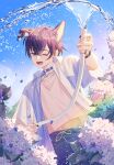  1boy absurdres animal_ears blue_shorts dog_ears earrings flower highres holding holding_hose hose indie_virtual_youtuber jacket jewelry male_focus midriff navel one_eye_closed open_mouth purple_eyes purple_hair rr_ayan short_hair shorts shoto_(vtuber) smile solo stomach virtual_youtuber water_drop white_jacket 