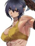  1girl abs arm_pouch beniazumaru blue_hair breasts covered_nipples crop_top dog_tags earrings highres jewelry leona_heidern muscular muscular_female ponytail salute simple_background soldier solo tank_top the_king_of_fighters the_king_of_fighters_xv triangle_earrings white_background yellow_tank_top 