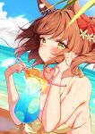  1girl aston_machan_(umamusume) beach blush breasts brown_hair cleavage cloud collarbone commentary_request cup drinking_glass drinking_straw green_eyes highres large_breasts lens_flare long_hair looking_at_viewer medium_hair ocean portrait pov saboten_mushi sky solo table umamusume wet 
