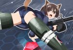  1girl animal_ears ass blue_one-piece_swimsuit blush bouncing_ass brave_witches brown_eyes brown_hair gun hair_ornament hairclip hosoinogarou karibuchi_hikari looking_at_viewer looking_back military military_uniform neuroi one-piece_swimsuit open_mouth rifle shiny_skin short_hair solo spread_legs squirrel_ears squirrel_tail striker_unit swimsuit tail uniform weapon world_witches_series 