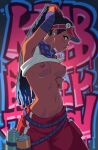  1girl arm_up bare_shoulders belt black_hair blue_hair blue_scarf breasts can clothes_lift cowboy_shot dark-skinned_female dark_skin dreadlocks from_side graffiti highres kimberly_jackson large_breasts looking_at_viewer multicolored_hair navel nipples no_bra pants red_headwear red_pants scarf shirt shirt_lift sideways_glance smile solo street_fighter street_fighter_6 suoiresnu two-tone_hair white_shirt 