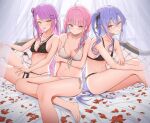  3girls :o absurdres ahoge arm_under_breasts barefoot bed black_panties blue_eyes blue_hair bra braid breasts choker closed_mouth curtains demon_tail ear_piercing fang green_eyes grin hair_bun highres hololive hoshimachi_suisei leg_tattoo long_hair medium_breasts minato_aqua multiple_girls navel on_bed one_side_up open_mouth panties petals piercing pink_eyes pink_hair purple_hair sitting small_breasts smile startend_(hololive) stomach tail tattoo thigh_strap thighs tokoyami_towa twin_braids underwear underwear_only very_long_hair virtual_youtuber white_bra white_choker white_panties yozora_(1wkdgusdn) 