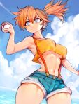  1girl closed_mouth eyelashes fumio_(rsqkr) green_eyes green_shorts hand_up highres holding holding_poke_ball looking_at_viewer misty_(pokemon) navel one_eye_closed orange_hair outstretched_arms poke_ball poke_ball_(basic) pokemon pokemon_(anime) pokemon_(classic_anime) shirt shorts side_ponytail simple_background sleeveless sleeveless_shirt spread_arms suspenders tongue twitter_username yellow_shirt 