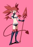  1girl absurdres bat_wings belt black_footwear black_gloves boots choker demon_girl demon_tail demon_wings disgaea earrings elbow_gloves etna_(disgaea) flat_chest full_body gloves highres jewelry jpeg_artifacts looking_at_viewer midriff mini_wings navel o-ring o-ring_choker o-ring_collar one_eye_closed open_mouth pink_background pointy_ears red_eyes red_hair red_wings simple_background skull_earrings solo standing tail tenganiki wings yawning 