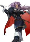  1girl armor blue_eyes blue_hair bokyo cape cowboy_shot falchion_(fire_emblem) fingerless_gloves fire_emblem fire_emblem_awakening gloves highres holding holding_sword holding_weapon long_hair looking_at_viewer looking_back lucina_(fire_emblem) serious simple_background solo sword tiara two-tone_cape weapon white_background 