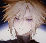  1boy blonde_hair blue_eyes cloud_strife earrings expressionless final_fantasy final_fantasy_vii gradient_background highres jewelry light_particles liyln02617464 male_focus messy_hair single_earring solo stud_earrings sweater turtleneck turtleneck_sweater 