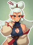  1girl blush breasts brown_eyes cleavage eye_symbol facial_mark forehead_mark forehead_tattoo hair_ornament hair_stick hair_tubes highres large_breasts long_hair looking_at_viewer paya_(zelda) pointy_ears riz sheikah shy solo the_legend_of_zelda the_legend_of_zelda:_breath_of_the_wild thick_eyebrows updo white_hair 