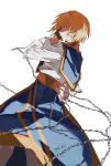  1boy androgynous blonde_hair chain earrings hair_between_eyes highres hunter_x_hunter jewelry kurapika long_sleeves looking_at_viewer looking_back mei_ren nen_(hunter_x_hunter) red_eyes ring short_hair simple_background smile solo tabard thumb_ring white_background 