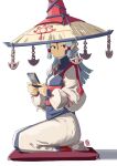  1girl automatic_giraffe brown_eyes english_commentary eye_symbol forehead_tattoo grey_hair hair_tubes handheld_game_console highres japanese_clothes kimono long_hair looking_to_the_side nintendo_ds paya_(zelda) pointy_ears seiza sheikah sitting solo the_legend_of_zelda the_legend_of_zelda:_tears_of_the_kingdom 