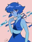  1980s_(style) 1girl blue_eyes blue_hair blue_skin closed_mouth colored_skin commentary_request crop_top flat_chest highres lapis_lazuli_(steven_universe) looking_at_viewer nano8 retro_artstyle short_hair signature simple_background sleeveless solo steven_universe upper_body water 