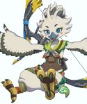  absurd_res anthro avian avian_feet beak bird black_body black_feathers blue_eyes brown_clothing clothed clothing feathers flowerpigeon73 green_clothing hi_res multicolored_body multicolored_feathers nintendo open_beak open_mouth pink_tongue rito solo the_legend_of_zelda tongue white_body white_feathers 