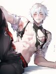  1boy abs bishounen brown_eyes highres looking_at_viewer male_focus navel nipples nu_carnival official_alternate_hairstyle owner_bird pectorals shirt short_hair torn_clothes torn_shirt white_hair 