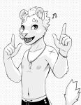  5_fingers anthro eyebrows felid fingers hair inner_ear_fluff lion male mammal monochrome mumu202 mumu_(mumu202) musical_note open_mouth open_smile pantherine smile solo tail teenager tuft young 