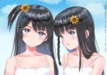  2girls :d bare_shoulders black_hair blue_eyes blue_sky blunt_bangs braid camisole closed_mouth cloud cloudy_sky collarbone day flower hair_flower hair_ornament long_hair mingrye multiple_girls one_side_up original outdoors siblings sky smile sunflower sunflower_hair_ornament translation_request twins upper_body white_camisole 