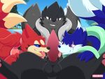  2020 2_tails 3_fingers anthro artist_name balls biped black_balls black_body black_eyes black_fur black_nose black_tail blue_body blue_eyes blue_fur blue_nose blue_tail blush cheek_tuft detailed_background eye_scar facial_scar facial_tuft female fingers floatzel flora_(floralserenity) fur generation_4_pokemon genitals group kyle_(gildan) licking male male/female male/male multi_tail nikkibunn nintendo on_ground open_mouth oral outside pawpads penile penis penis_lick pink_pawpads pink_penis pokemon pokemon_(species) purple_eyes red_body red_fur red_tail scar sex sitting tail tongue tongue_out tortuga_(sentinelblue) trio tuft white_tail_tip 
