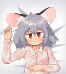  1girl :/ alternate_costume animal_ears blush buttons closed_mouth collared_shirt commentary_request expressionless greenpiecerice grey_hair hair_between_eyes highres long_sleeves looking_at_viewer medium_bangs mouse_ears mouse_girl nazrin pink_shirt red_eyes shirt short_hair solo touhou upper_body white_background 