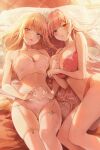  2girls absurdres bare_arms bare_shoulders blonde_hair blue_eyes bra braid breasts cleavage collarbone frilled_bra frills frown garter_straps heart heart_hands highres large_breasts lying meoyo multiple_girls navel on_back on_bed open_mouth original panties pink_bra pink_hair pink_panties red_eyes skindentation smile stomach strap_gap string_bra string_panties thighhighs thighs underwear underwear_only white_bra white_panties white_thighhighs 
