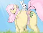  anal anal_penetration angel_(mlp) anus blush bodily_fluids breasts butt carrot cutie_mark duo equid equine feathered_wings feathers female female_penetrated feral fluttershy_(mlp) food friendship_is_magic genital_fluids genitals hasbro hi_res horse index_3 lagomorph leporid male male/female mammal my_little_pony penetration plant pony puffy_anus pussy rabbit simple_background solo vegetable wings yellow_body 
