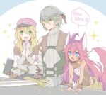  1boy 2girls ahoge alice_(rune_factory) animal_ear_fluff animal_ears armor bare_shoulders blacksmith blonde_hair blue_eyes blush brown_shirt closed_mouth collared_shirt commentary fang fuuka_(rune_factory) gloves green_eyes green_hair hair_between_eyes hammer hands_up hat holding holding_hammer long_hair martin_(rune_factory) mini_mamu multiple_girls open_mouth own_hands_clasped own_hands_together peaked_cap pink_hair red_headwear romaji_text rune_factory rune_factory_5 shirt short_hair shoulder_armor sleeveless smile sparkle speech_bubble sweater sword symbol-only_commentary tail tattoo turtleneck turtleneck_sweater weapon white_shirt wolf_ears wolf_girl wolf_tail wrist_cuffs 