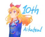  1girl aikatsu! aikatsu!_(series) arms_behind_back blonde_hair blue_jacket bow closed_mouth commentary_request copyright_name hair_bow hairband highres hoshimiya_ichigo jacket long_hair long_sleeves neck_ribbon red_bow red_eyes red_hairband red_ribbon ribbon school_uniform shirt simple_background smile solo starlight_academy_school_uniform upper_body watanabe_satomi white_background white_shirt 