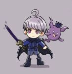  1boy ahoge black_cape black_footwear blue_jacket boots cape chibi closed_mouth commentary_request crown full_body ghost grey_background grey_shorts highres holding holding_sword holding_weapon horns jacket long_sleeves male_focus master_detective_archives:_rain_code open_mouth purple_eyes purple_hair shinigami_(rain_code) short_hair shorts simple_background smile sparkle standing sword weapon yuma_kokohead yuzu86442 
