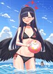  2girls absurdres aura ball beachball bikini black_bikini black_choker black_hair black_wings blue_archive blue_sky breasts choker closed_eyes cloud dark_aura hair_ornament hairclip halo happycloud highres holding holding_ball holding_beachball ichika_(blue_archive) long_hair low_wings multiple_girls open_mouth peroro_(blue_archive) side-tie_bikini_bottom sky small_breasts smile standing stomach swimsuit tsurugi_(blue_archive) tsurugi_(swimsuit)_(blue_archive) water wings 