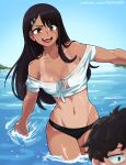  1boy 1girl absurdres bare_shoulders bikini black_bikini black_hair breasts cleavage collarbone commentary dark-skinned_female dark_skin dashi earclip glint hachiouji_naoto hair_ornament hairclip highres ijiranaide_nagatoro-san long_hair looking_at_viewer medium_breasts nagatoro_hayase navel ocean open_mouth outdoors patreon_username sparkle swimsuit symbol-only_commentary tan tanlines teeth thigh_gap thighs upper_teeth_only v-shaped_eyebrows wading water watermark web_address 