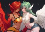  2girls ahoge animal_ears bare_shoulders bird_ears black_background black_eyes blush braid breasts commentary crop_top denim denim_shorts english_commentary facial_mark feathers green_eyes green_hair hair_between_eyes hair_over_one_eye harpy head_wings highres long_hair medium_breasts midriff monster_girl multiple_girls navel niniidawns open_mouth original red_feathers red_wings shorts sleeveless sleeveless_turtleneck small_breasts tan turtleneck twin_braids white_feathers white_wings winged_arms wings yellow_shorts 