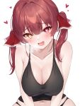  1girl bare_shoulders black_panties blush breasts cleavage collarbone covered_nipples hair_ribbon heart heart-shaped_pupils heterochromia highres holika_baby hololive houshou_marine large_breasts long_hair looking_at_viewer navel open_mouth panties red_eyes red_hair ribbon shirt sleeveless sleeveless_shirt solo spaghetti_strap steam symbol-shaped_pupils twintails underwear virtual_youtuber white_background yellow_eyes 