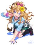  1girl all_fours animal_ears blonde_hair blue_eyes blush bow crown fangs flower hair_between_eyes hair_bow hair_flower hair_ornament jewelry lion_ears lion_tail long_hair looking_at_viewer morikura_en necklace necktie open_mouth original school_uniform skirt solo tail torn_clothes 