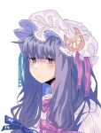  1girl blue_bow bow braid crescent crescent_hat_ornament expressionless hair_bow hat_ornament highres long_hair looking_at_viewer moonii_desu patchouli_knowledge purple_bow purple_eyes purple_hair shirt solo touhou twin_braids white_background white_headwear white_shirt 