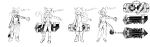  absurd_res anthro black_and_white cat_tail cloth duo felid feline female fuseadrift hatching_(art) hi_res mammal melee_weapon meowers model_sheet monochrome robotic_arm shaded simple_background sketch suitcase sword tail weapon 