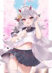  absurdres ahoge alternate_costume armband azur_lane budget_sarashi cherry_blossoms elegant_(sumisumi4268) fang flower grey_hair hair_flower hair_ornament hand_in_own_hair hand_up hibiki_(azur_lane) highres horns long_hair messy_hair oni_horns open_mouth pleated_skirt sailor_collar sarashi shirt skin_fang skirt smile thighhighs white_shirt white_thighhighs 