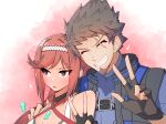  1boy 1girl aged_up bare_shoulders breasts brown_hair chest_jewel cleavage core_crystal_(xenoblade) criss-cross_halter facial_hair father_and_daughter fingerless_gloves glimmer_(xenoblade) gloves grin halterneck high_ponytail highres japanese_clothes kimono long_hair official_alternate_costume official_alternate_hairstyle osora_(judithandlilith) ponytail red_hair rex_(xenoblade) scar scar_across_eye short_hair smile spiked_hair swept_bangs teeth white_kimono xenoblade_chronicles_(series) xenoblade_chronicles_3 xenoblade_chronicles_3:_future_redeemed 