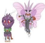  antennae_(anatomy) anthro armwear big_breasts blue_eyes bottomwear breasts clothed clothing duo female footwear generation_1_pokemon hi_res legwear nintendo pokeball pokemon pokemon_(species) purple_body red_eyes scarf shirt shoes shorts simple_background topwear urusee584 venomoth venonat white_background wings 