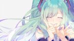  1girl ^_^ blue_hair blue_nails blue_necktie blush closed_eyes collared_shirt crying detached_sleeves floating_hair grey_shirt hatsune_miku long_hair mashiro_(rikuya) nail_polish necktie ok_sign parted_lips pointing portrait shirt smile solo twintails vocaloid 