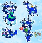  2022 almyriganhero anthro antlers biped blue_body bottomwear breasts clothing domestic_cat drinn eating eyes_closed felid feline felis feral foamy_(frebbventure) frebb frebbventure hi_res horn male mammal marsupial open_mouth possum quadruped shorts tongue tongue_out 