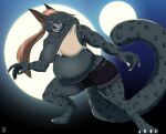  2023 2_moons 4_toes 5_fingers anthro anurri_(swordfox) barely_visible_areola bethesda_softworks black_markings blue_eyes breasts brown_hair canid canine chest_scar claws colored damaged_clothing detailed_background digitigrade fangs feet felid female fingers fur gradient_background grey_body grey_fur hair hi_res khajiit leopard_spots light light_brown_hair long_ears mammal markings monster moonlight night open_mouth outside pantherine pregnant pregnant_female pregoo pupils scar shaded simple_background slit_pupils snarling solo spots standing tauttum teeth the_elder_scrolls toes tongue were werecanid werecanine werefelid werewolf 