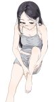  1girl bare_arms bare_legs bare_shoulders barefoot black_hair blue_eyes breasts cleavage closed_mouth collarbone foot_out_of_frame glasses grey_camisole grey_pajamas half-closed_eyes highres holding_own_leg knee_up kona_ming large_breasts light_blush long_hair looking_down pajamas parted_hair saitou_kaede_(yama_no_susume) semi-rimless_eyewear short_shorts shorts simple_background sitting solo white-framed_eyewear white_background yama_no_susume 