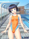  1girl arena_(company) bench black_hair blue_eyes blue_sky bob_cut building commentary_request competition_swimsuit covered_navel cowboy_shot day fence kuri_(kurigohan) lane_line logo looking_at_viewer multicolored_clothes multicolored_swimsuit one-piece_swimsuit orange_one-piece_swimsuit original outdoors pool second-party_source short_hair sky smile solo straight-on swimsuit 