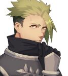 1boy achilles_(fate) armor brown_eyes clenched_hand closed_mouth fate/apocrypha fate_(series) from_side gauntlets haruakira highres looking_at_viewer male_focus mature_male portrait shirt_grab short_hair sideburns simple_background solo turtleneck undercut white_background 