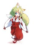 1girl animal_ear_fluff animal_ears antenna_hair backpack bag blue_eyes blush commentary_request done_(donezumi) fang fox_ears fox_tail full_body green_hair hakama highres hip_vent japanese_clothes kimono large_tail looking_at_viewer medium_hair miko open_mouth original paw_print randoseru ribbon-trimmed_sleeves ribbon_trim simple_background skin_fang smile solo tail thick_eyebrows toes walking white_background white_kimono wide_sleeves 