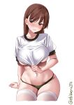  1girl bikini blush breasts brown_eyes brown_hair collarbone ebifurya green_bikini hair_between_eyes highres kantai_collection large_breasts looking_at_viewer navel one-hour_drawing_challenge ooi_(kancolle) puffy_short_sleeves puffy_sleeves shirt shirt_tug short_sleeves simple_background skindentation solo sweat swimsuit thighhighs thighs twitter_username underboob white_background white_shirt white_thighhighs 