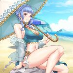  1girl bare_shoulders beach bikini blue_bikini blue_hair blue_sky braid breasts brown_eyes cleavage cloud commentary commission crown_braid day feet_out_of_frame fire_emblem fire_emblem:_three_houses fire_emblem_heroes highres holding holding_umbrella igni_tion jacket jewelry large_breasts legs long_hair looking_at_viewer marianne_von_edmund marianne_von_edmund_(summer) neck_ring ocean off_shoulder official_alternate_costume open_clothes open_jacket outdoors sarong sitting sky smile solo swimsuit thighs umbrella water white_umbrella 
